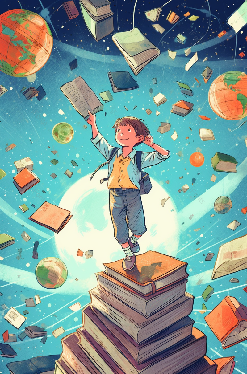 男孩踩在书本上拿资料孩子儿童学生学习想象畅游在知识的海洋抽象插画,插画/手绘图,插画/手绘图库,插画/手绘图下载,插画/手绘